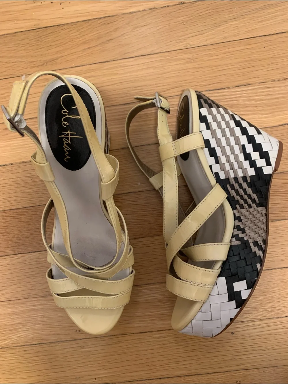 EUC Cole Haan Multi Black/White Woven Hi Wedge Platform Yellow Sandals Size 8.5M
